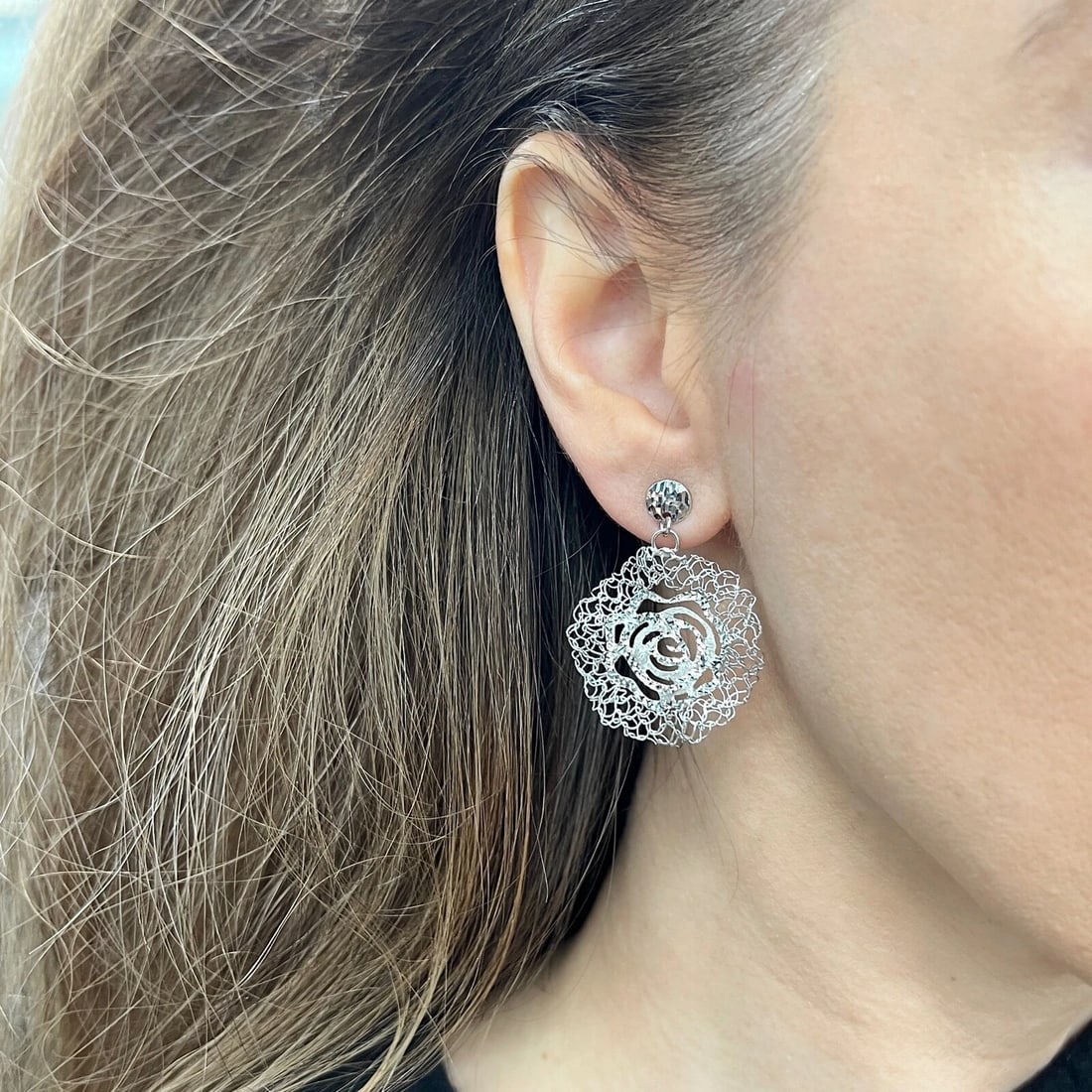 Vintage Italian Round Filigree Dangle Drop Earrings 14K White Gold, 4.51 Grams - 3