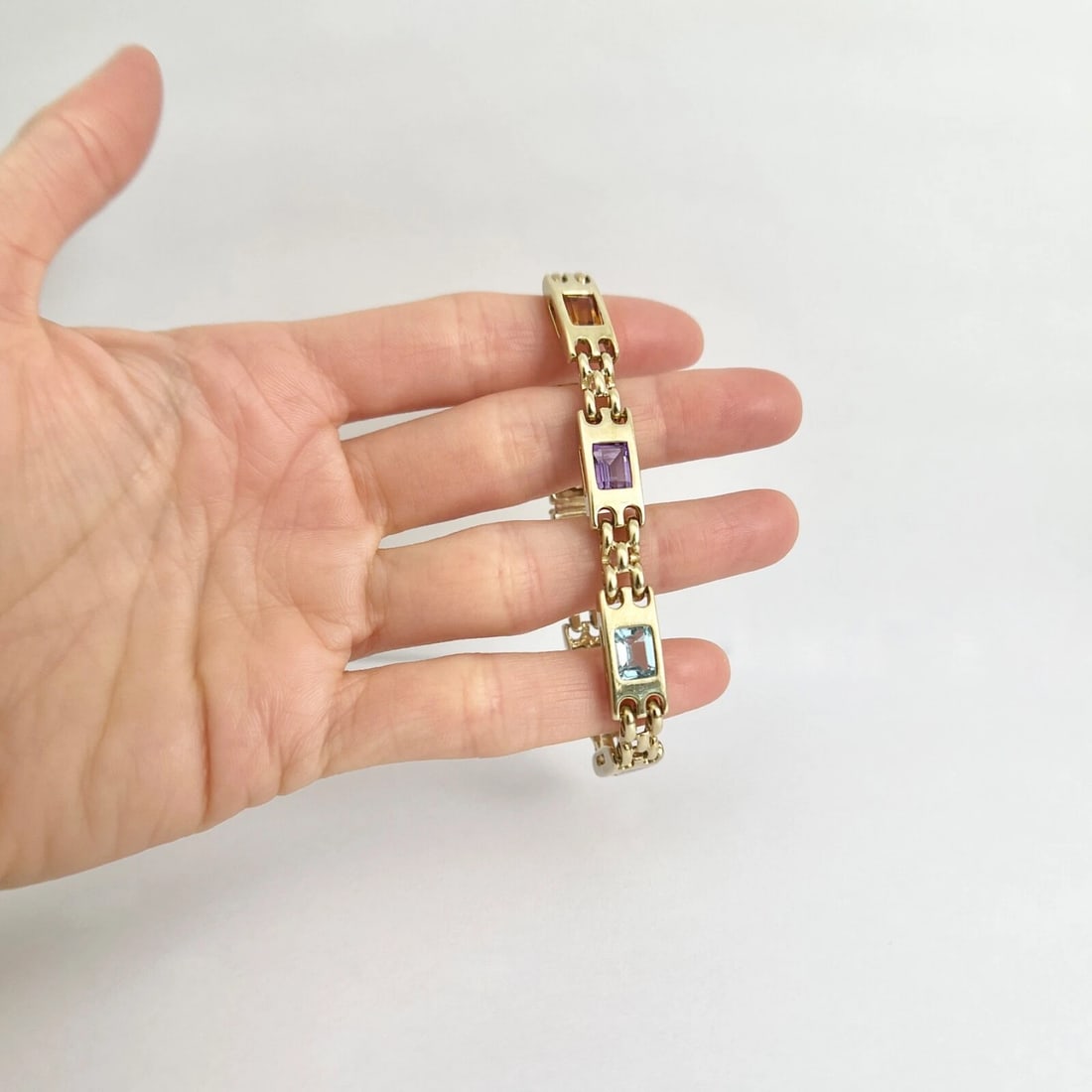 Vintage Multicolored Gemstone Chain Link Bracelet 14K Yellow Gold, 26.23 Grams - 4