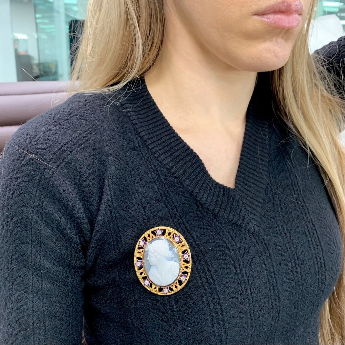 Vintage 1950's Cameo Diamond Blue Enamel Star Brooch Pin 12K Yellow Gold 28.84 G - 3