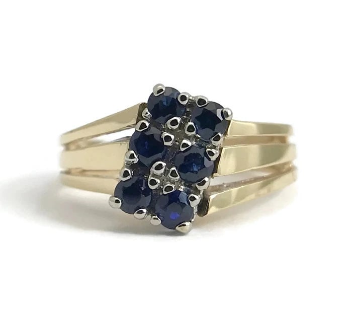 Vintage Blue Sapphire Cluster Cocktail Ring 14K Yellow Gold, Size 5.5, 4.28 Gram: Title: Vintage Blue Sapphire Cluster Cocktail Ring 14K Yellow Gold, Size 5.5, 4.28 Gram Description: Vintage Blue Sapphire Cluster Cocktail Ring 14K Yellow Gold, Size 5.5, 4.28 Gram This ring is a a o