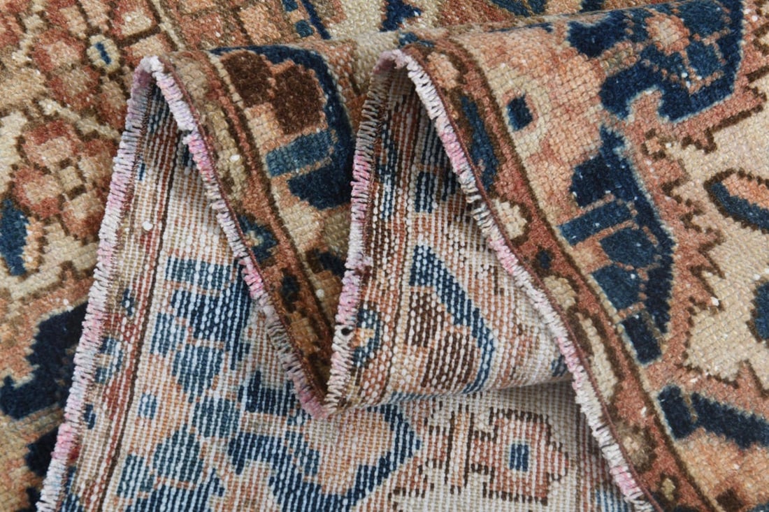 9'5x11'9 ft, OVERSIZED PERSIAN RUG, Brown Blue: Title: 9'5x11'9 ft, OVERSIZED PERSIAN RUG, Brown Blue Origin: Turkey Date/Period: 1960 - 1970 Materials: Wool and Cotton Size: Width: 9.5 feet; Length: 11.9 feet Description: This Turkish