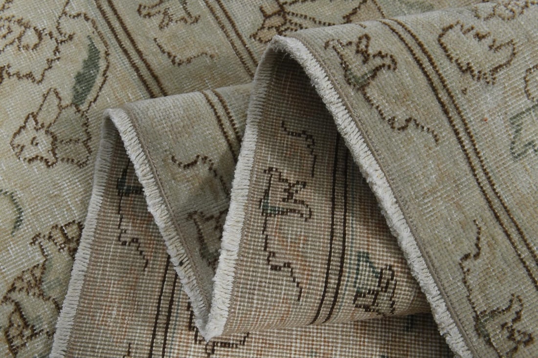 9.1x12.5 ft, BEIGE MINIMALIST RUG: Title: 9.1x12.5 ft, BEIGE MINIMALIST RUG Origin: Turkey Date/Period: 1960 - 1970 Materials: Wool and Cotton Size: Width: 9.1 feet Length: 12.5 feet Description: This Turkish one-of-a-kind Anatolian Vi