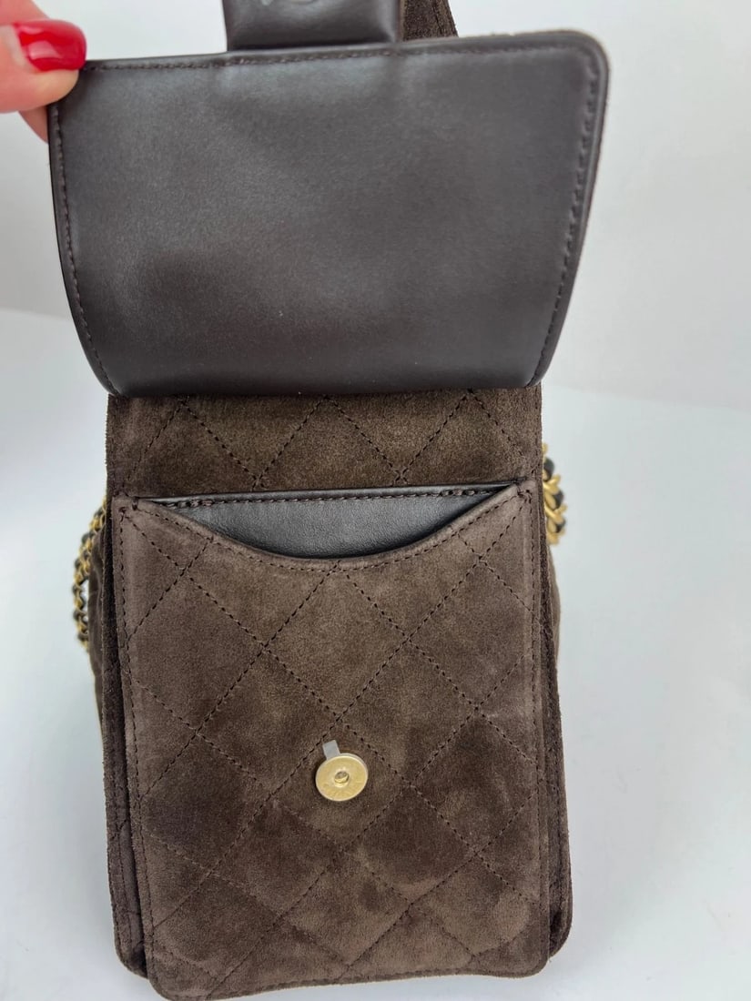 Chanel 25 Suede Calfskin Antique Gold Metal Small Brown Shoulder Bag - 15