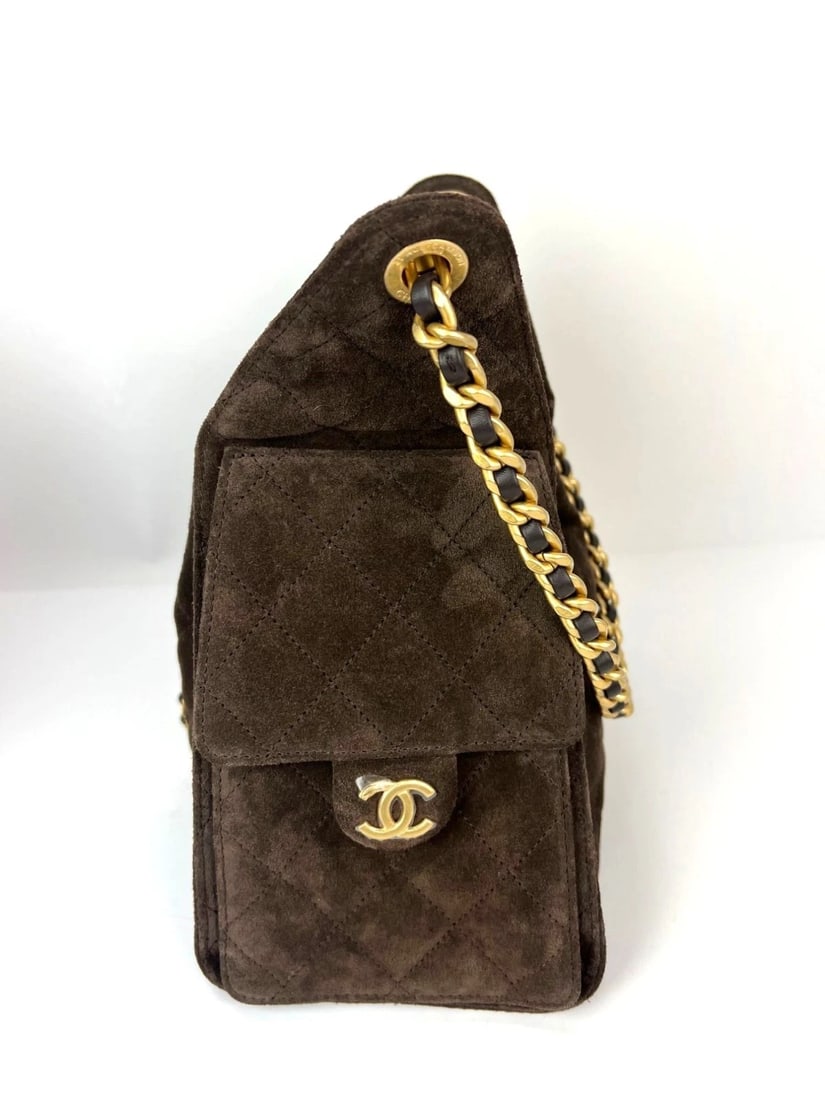 Chanel 25 Suede Calfskin Antique Gold Metal Small Brown Shoulder Bag - 4