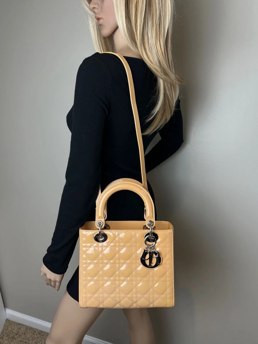 Christian Dior Yellow Patent Leather Cannage Medium Lady Dior Bag - 14