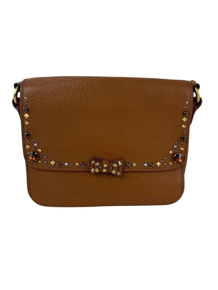 Miu Miu Madres Brown Leather Crystals Crossbody: Title: Miu Miu Madres Brown Leather Crystals Crossbody Description: Pre-Owned 100% Authentic Miu Miu Madres Brown Leather Crystals Crossbody RATING: B...Very Good, well maintained, shows minor signs