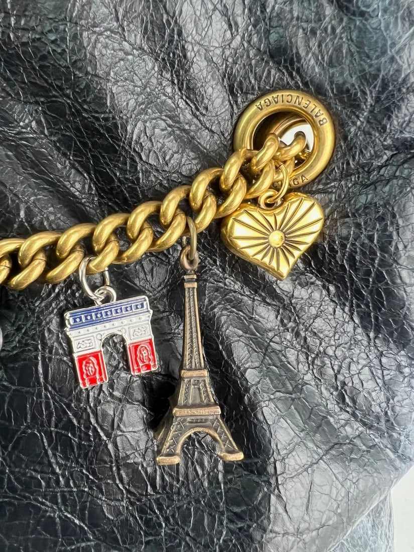 Balenciaga Leather Crush Medium Black Paris Charms Tote Bag - 10