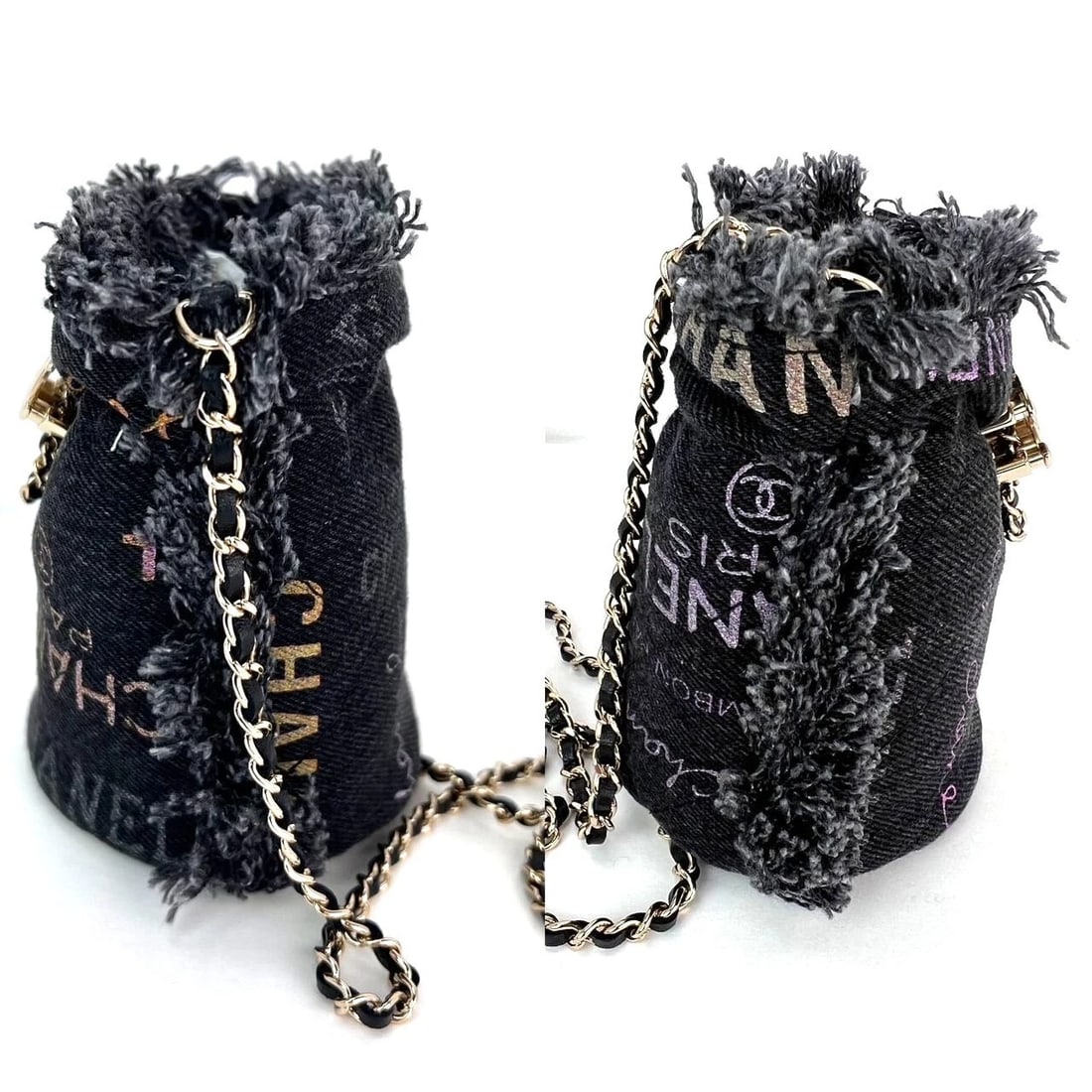 Chanel Denim Quilted Mood Mini Bucket With Chain Black - 3