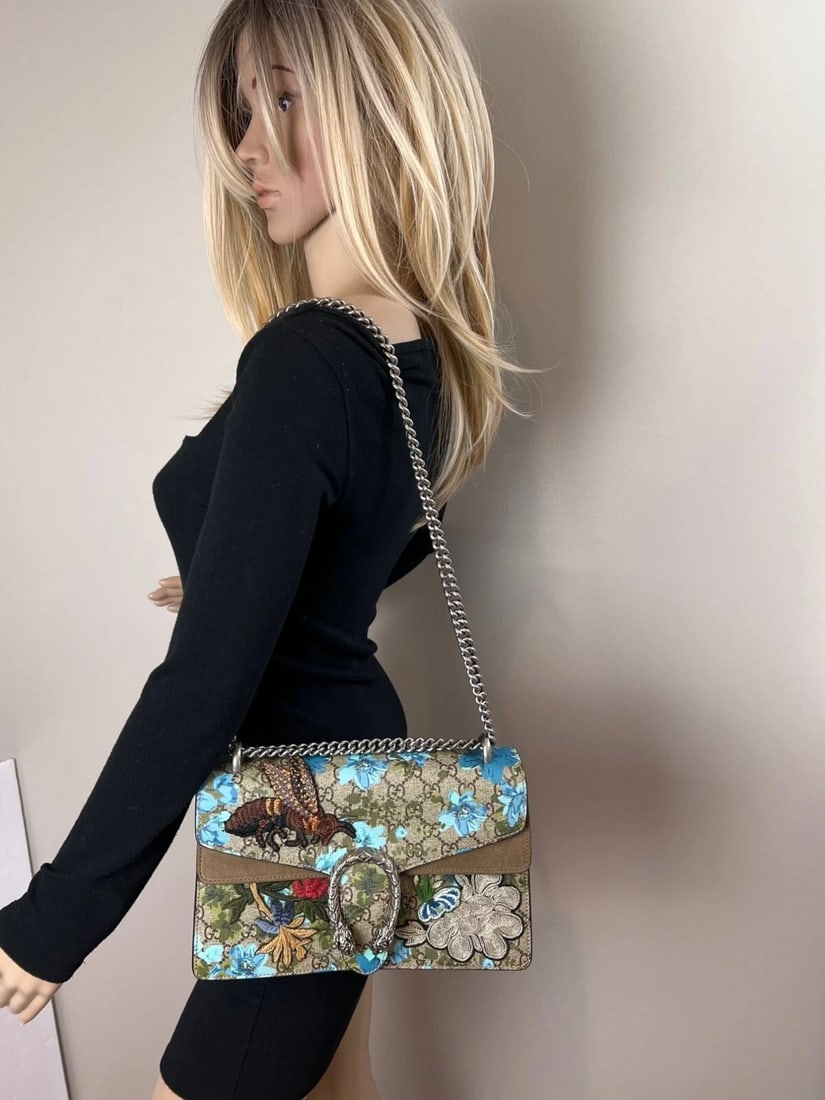 Gucci GGSupreme Blooms Print Embroidered MM Dionysus Blue Shoulder Bag - 9