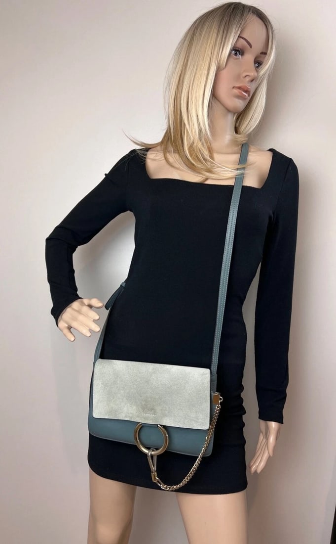 Chloe Faye Chain Suede Leather Gray Blue Crossbody Bag - 12