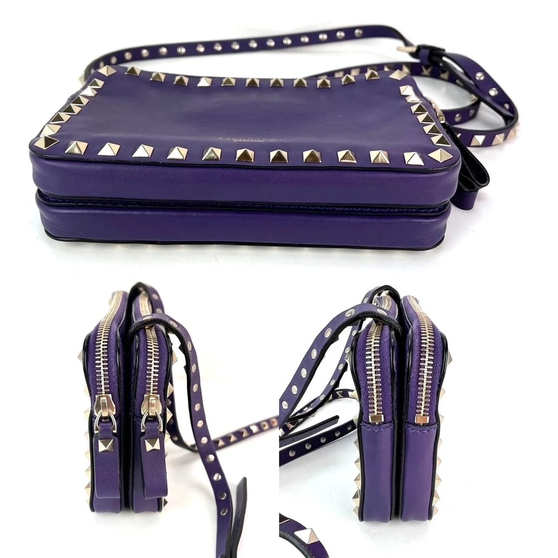 Valentino Rockstud Double Zip Purple Leather Crossbody Bag - 4