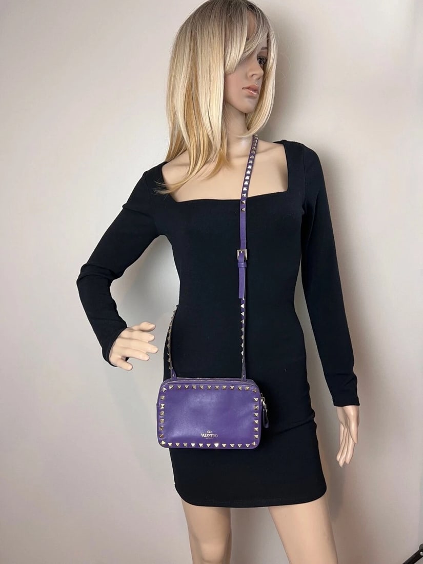 Valentino Rockstud Double Zip Purple Leather Crossbody Bag - 8