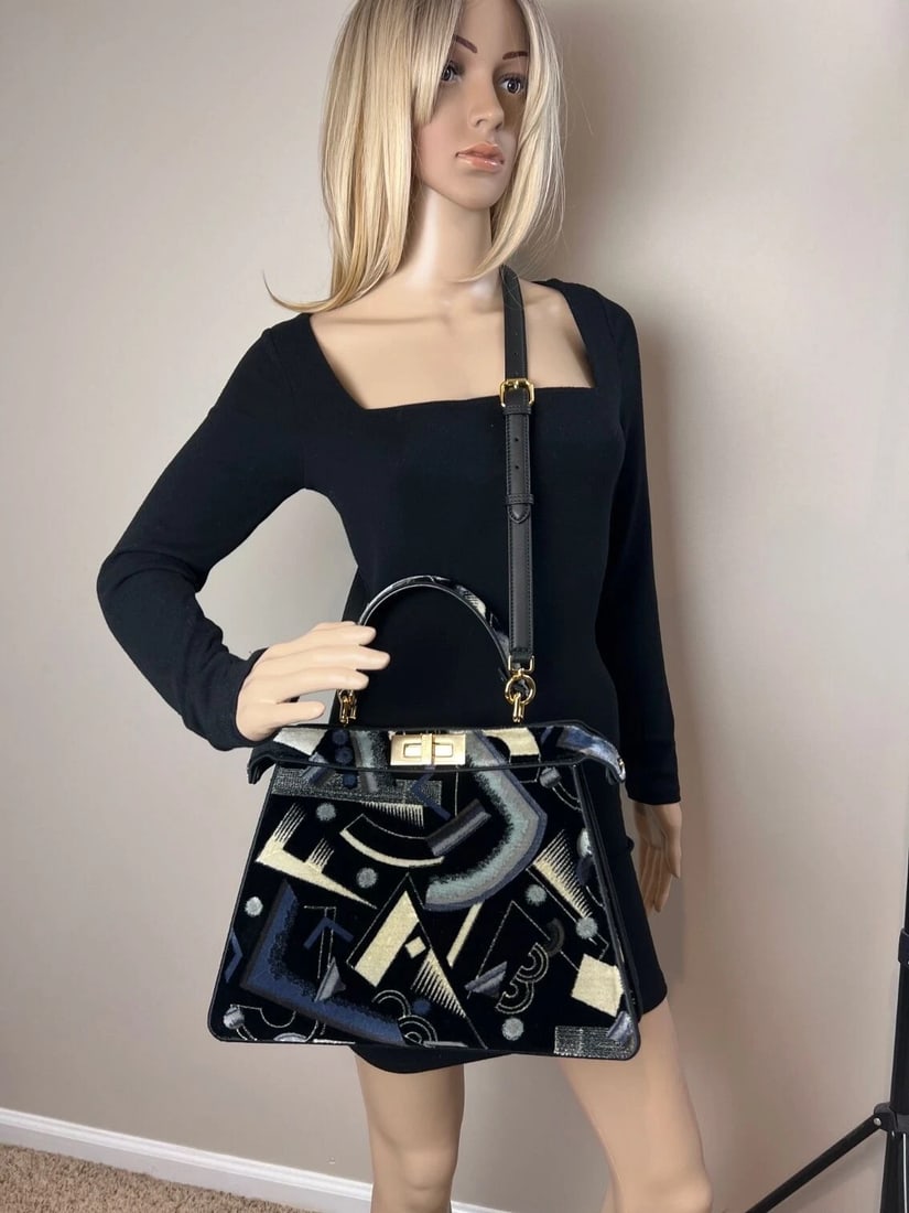 Fendi Peekaboo I see u Medium Printed Velvet Black Blue Satchel Bag - 12