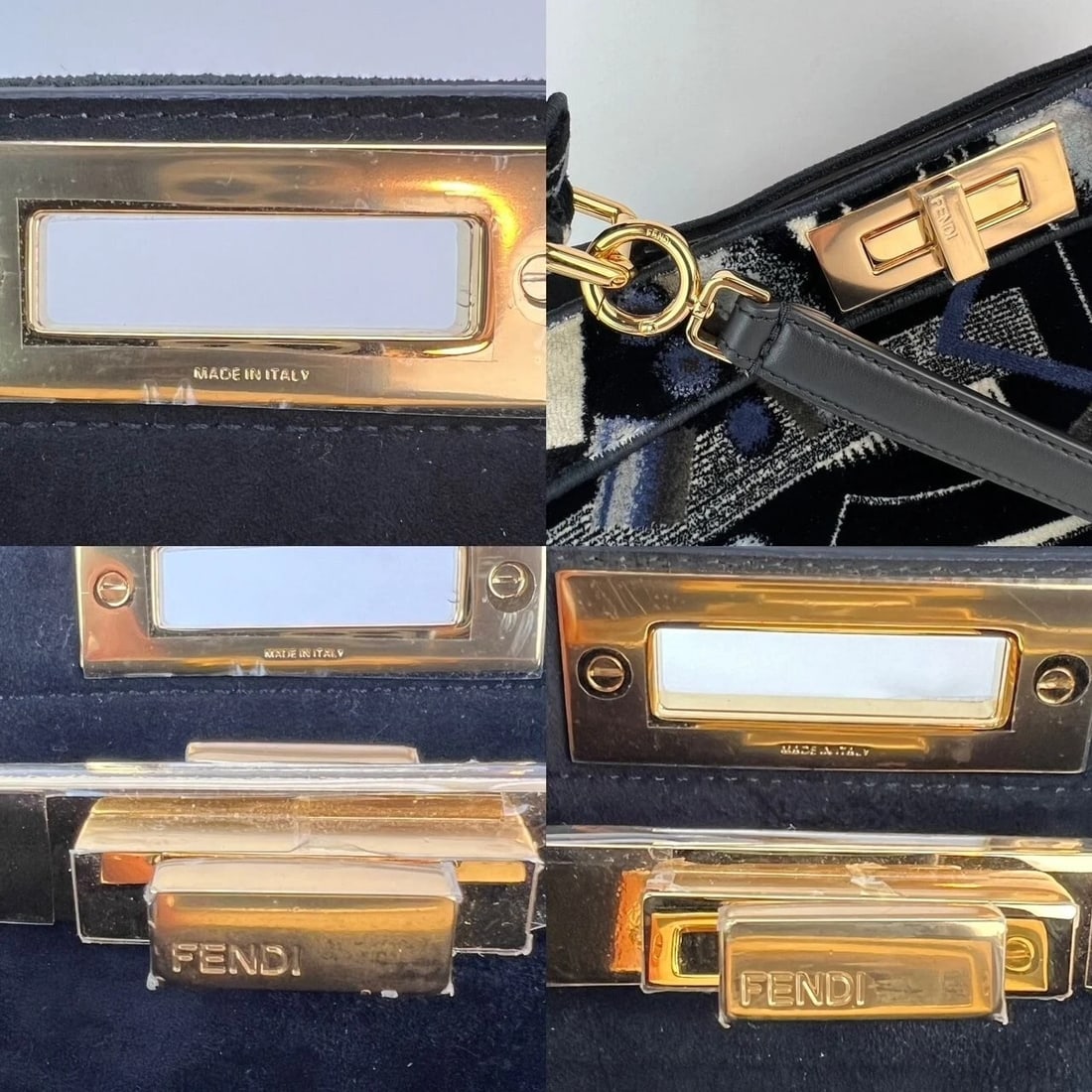 Fendi Peekaboo I see u Medium Printed Velvet Black Blue Satchel Bag - 5