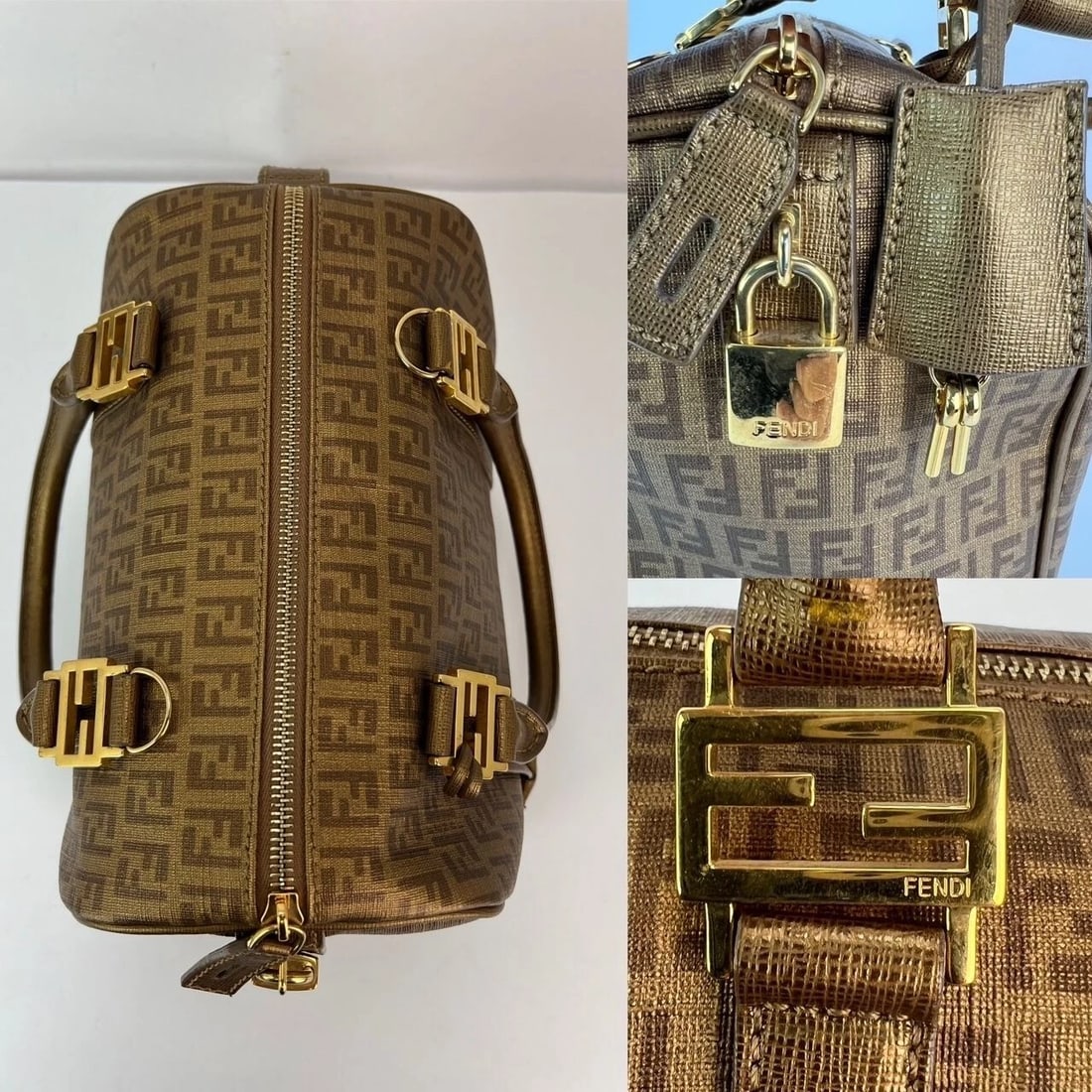 Fendi Boston Gold Coated Canvas Hand Bag - 8