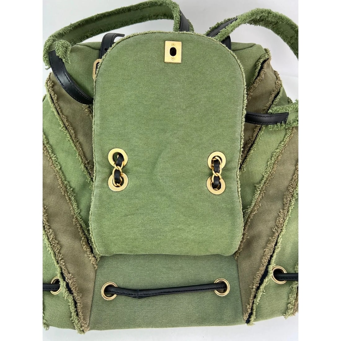 CHANEL Backpack Canvas Chevron Cuba Patchwork Khaki Green Backpack - 9