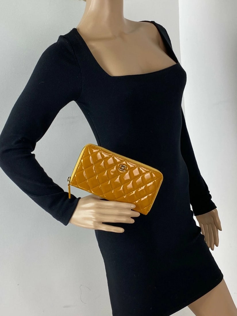 Chanel Quilted Yellow Patent Leather Brilliant Zip Around Wallet - 3