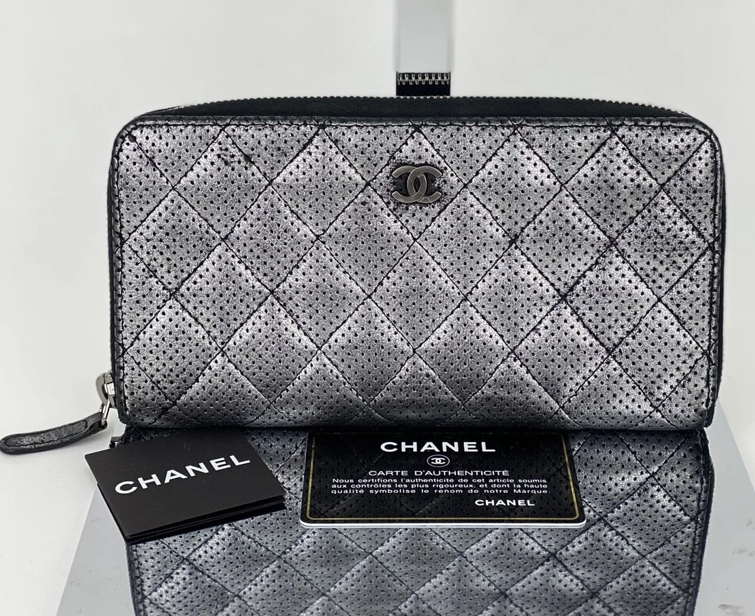 Chanel Wallet Perforated Silver Metallic Lambskin Quilted Zip Around - 2