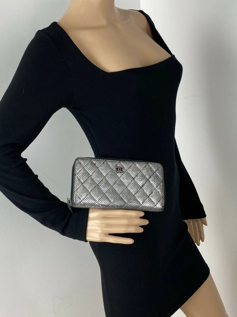 Chanel Wallet Perforated Silver Metallic Lambskin Quilted Zip Around - 3