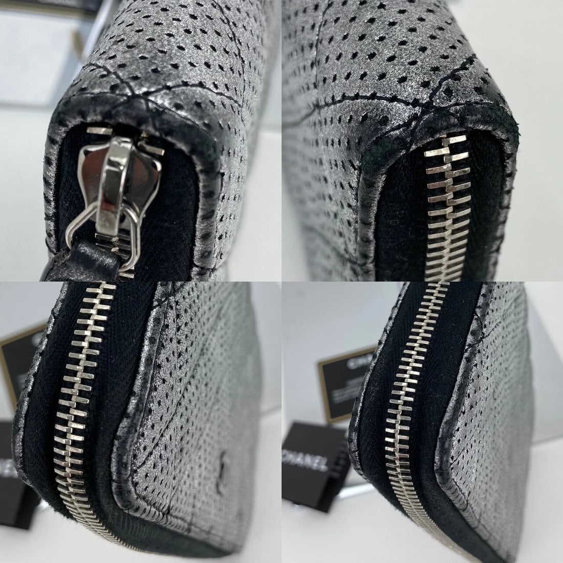 Chanel Wallet Perforated Silver Metallic Lambskin Quilted Zip Around - 5