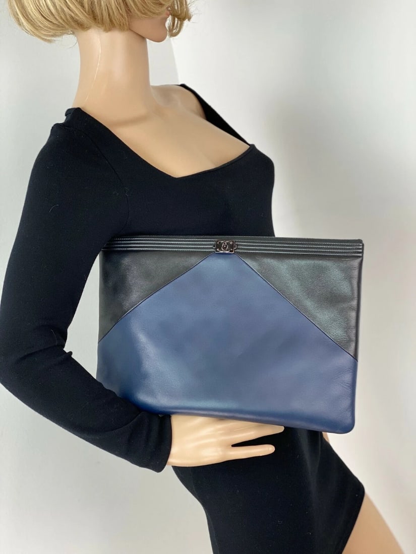 Chanel Bag Quilted Lambskin Leather Blue Large Boy Zip Pouch - 3