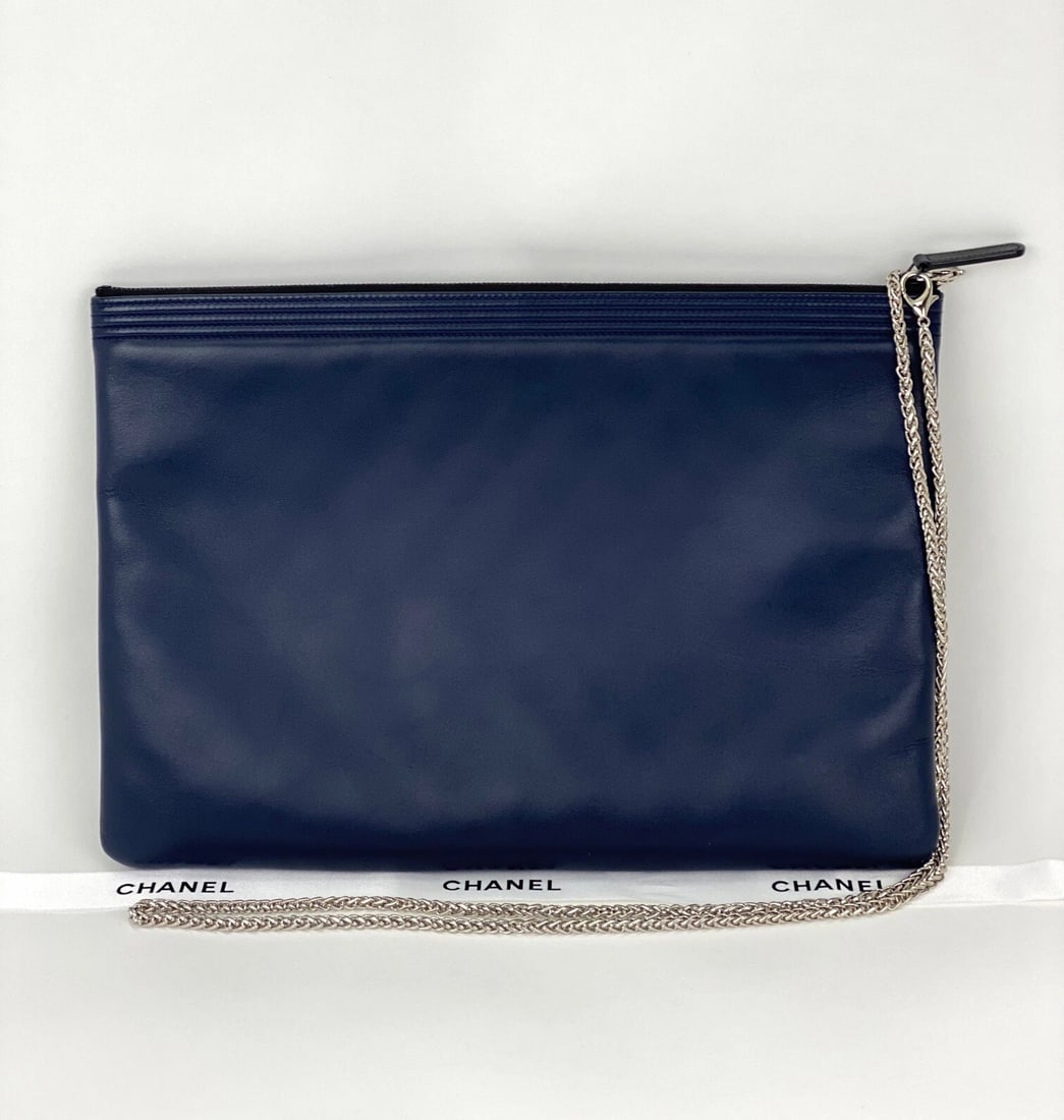 Chanel Bag Quilted Lambskin Leather Blue Large Boy Zip Pouch - 4