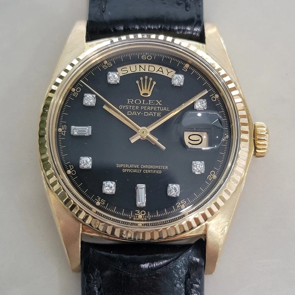 Rolex President Day Date 1803 18k Solid Gold 1970s Mens Diamond Automatic RA659: Title:Rolex President Day Date 1803 18k Solid Gold 1970s Mens Diamond Automatic RA659Description:Luxury icon, Rolex 18k solid gold Day-Date ref.1803 "The President" with diamond hour set, c.1973, in