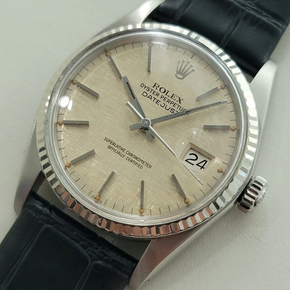 Rolex Datejust 16014 36mm 18k SS Linen Dial Mens Vintage 1970s Automatic RA586B: Title:Rolex Datejust 16014 36mm 18k SS Linen Dial Mens Vintage 1970s Automatic RA586BDescription:Timeless classic with Rolex's iconic linen dial, Men's 18k white gold and stainless steel Rolex Oyster