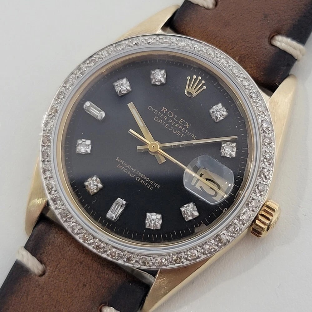 Mens Rolex Oyster Datejust 1601 14k Gold Automatic 1960s Diamonds Vintage RA412: Title:Mens Rolex Oyster Datejust 1601 14k Gold Automatic 1960s Diamonds Vintage RA412 Description:A stunning classic, Men's solid 14k gold Rolex 1601 Oyster Perpetual Datejust automatic with diamond d