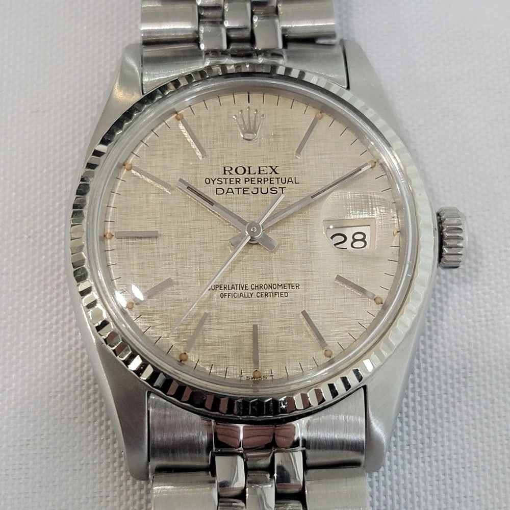 Rolex Datejust 16014 36mm 18k SS Linen Dial Mens 1970s Vintage Automatic RA586S: Title:Rolex Datejust 16014 36mm 18k SS Linen Dial Mens 1970s Vintage Automatic RA586SDescription:Iconic classic, Men's 18k white gold and stainless steel Rolex Oyster Perpetual Datejust Ref.16014