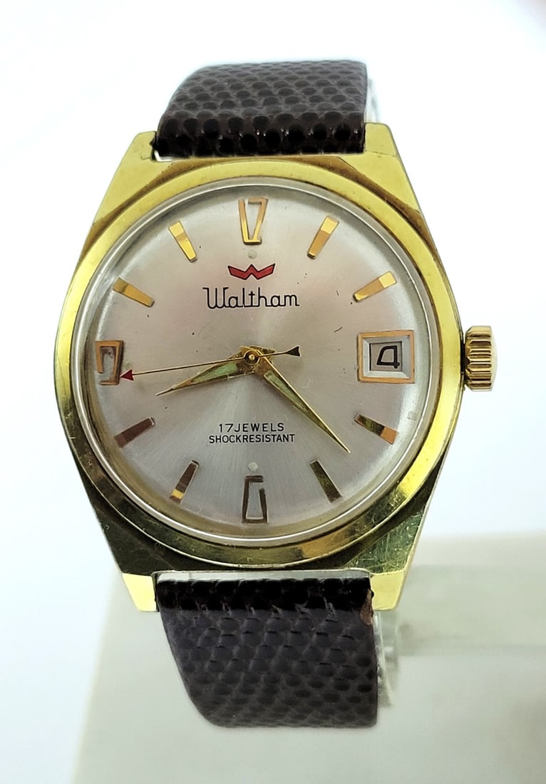 Vintage 18 GP WALTHAM Shock Resistant DATE Winding Watch Cal R614* SERVICED - 3