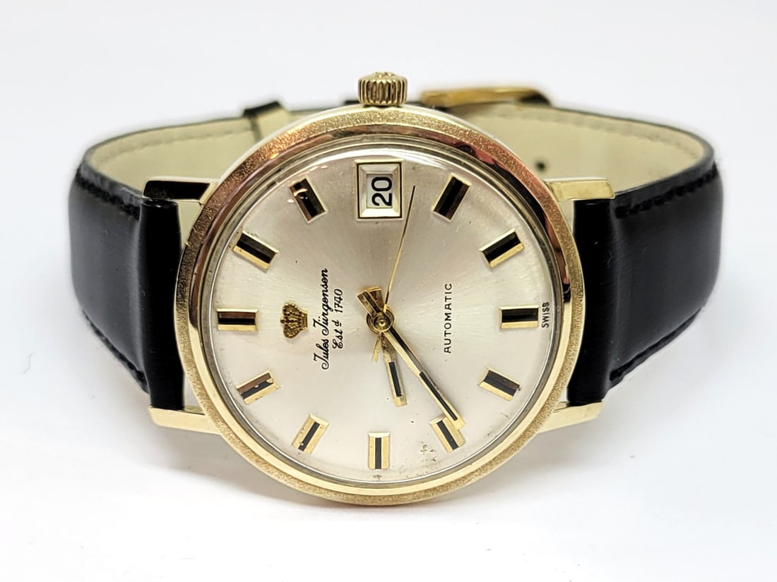 Vintage 14k JULES JURGENSEN 17J Automatic DATE Watch c.1960s EXLNT ORIGINAL DIAL - 2