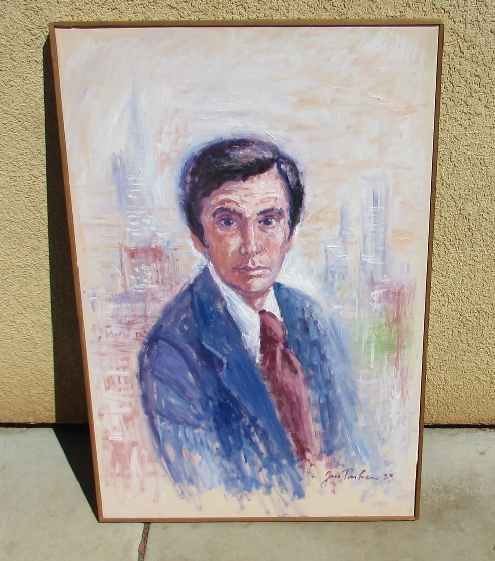 JAN PARKER (British born 1941) Portrait of a Man, 36" x 23-1/2" oil painting: Title:JAN PARKER (British born 1941) Portrait of a Man, 36" x 23-1/2" oil paintingDescription:JAN PARKER (British born 1941). Impressionist Portrait of a Man, possibly a newscaster, 1983, 36" x