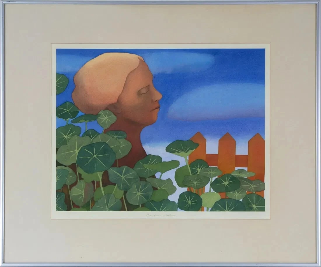 LORI SLATER California watercolor Garden Statue: Title:LORI SLATER California watercolor Garden StatueDescription:LORI SLATER (Cambria, California artist born 1954). Garden Statue, 12-1/2" x 15-3/4" sight size watercolor (framed size: 20-1/4" x