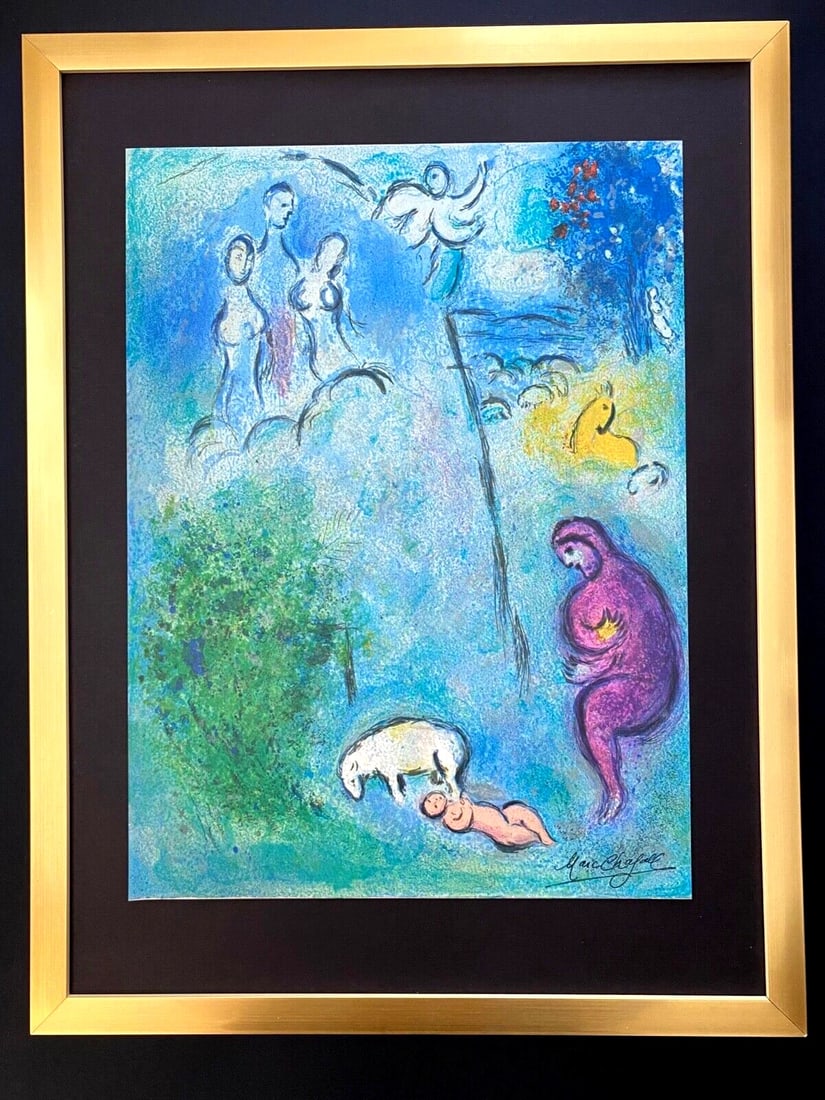 MARC CHAGALL + 1977 BEAUTIFUL SIGNED PRINT FRAMED: Title: MARC CHAGALL + 1977 BEAUTIFUL SIGNED PRINT FRAMED Description:This is a beautiful 1977 Offset Lithographic Print After MARC CHAGALL " Daphnis and Chloe" FACSIMILE SIGNED IN INK Size is about
