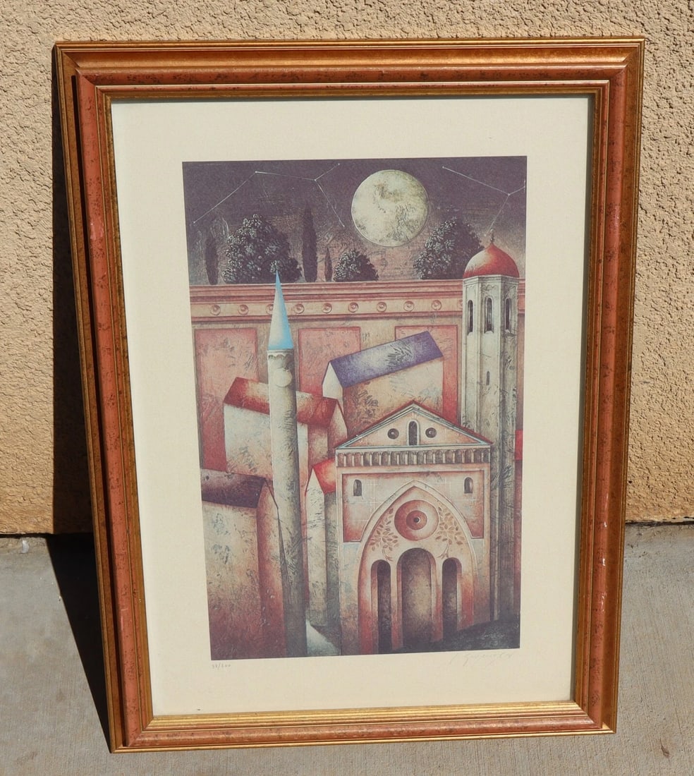 PAOLO GRIMALDI Fantasy Castle with Moon S/N Lithograph Dreaming Villages series: Title:PAOLO GRIMALDI Fantasy Castle with Moon S/N Lithograph Dreaming Villages seriesDescription:PAOLO GRIMALDI (Italian b. 1959). Fantasy Lithograph from his Dreaming Villages Series. Features a