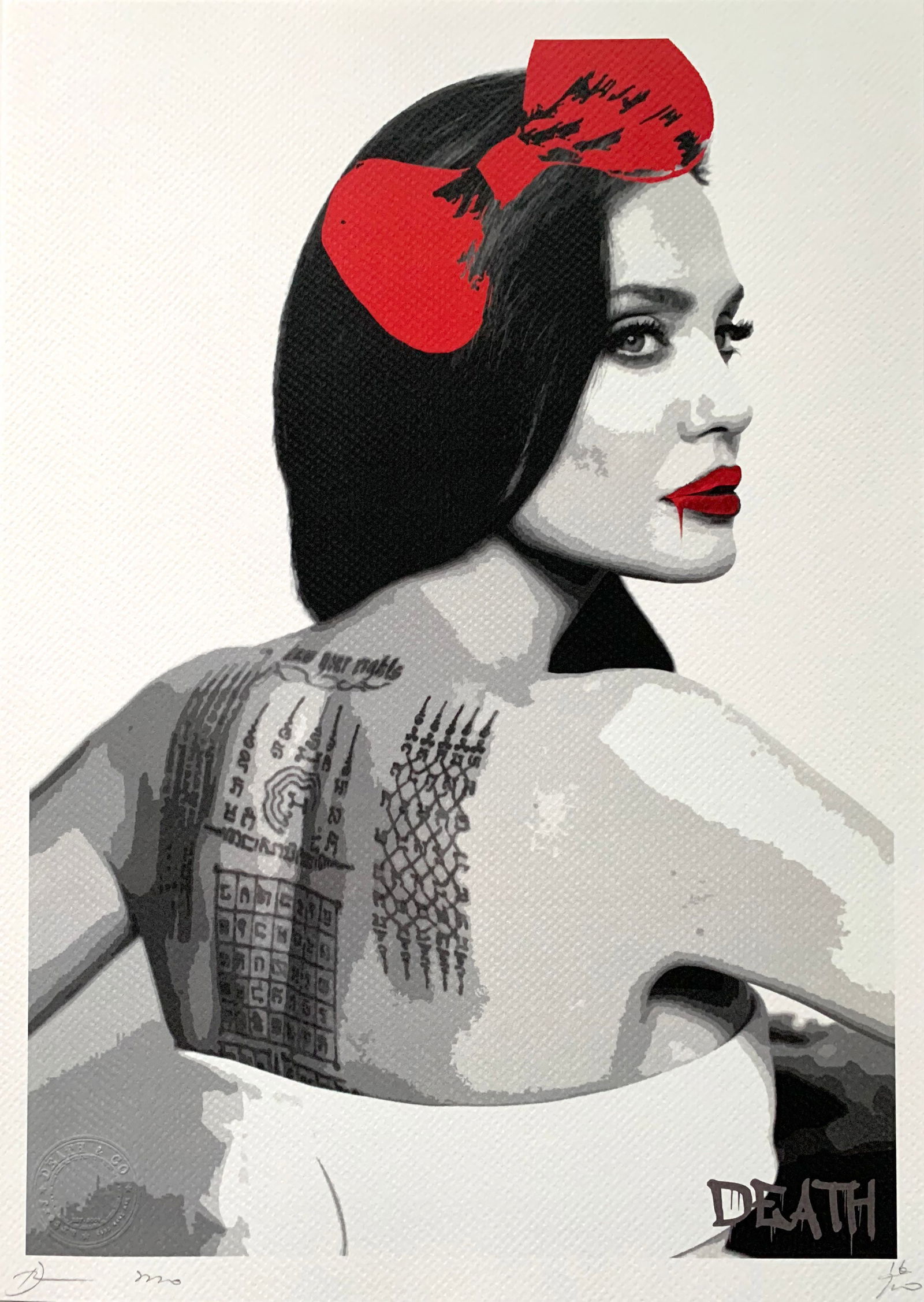Death NYC Angelina Jolie: Title:Death NYC Angelina JolieDate/Period:21st CenturyMaterials:Giclee on Fine art 300 gsm paperSize:17 3/4 x 12 1/2 inchesDescription:Artist: Death NYC, limited edition giclee on paper, out of