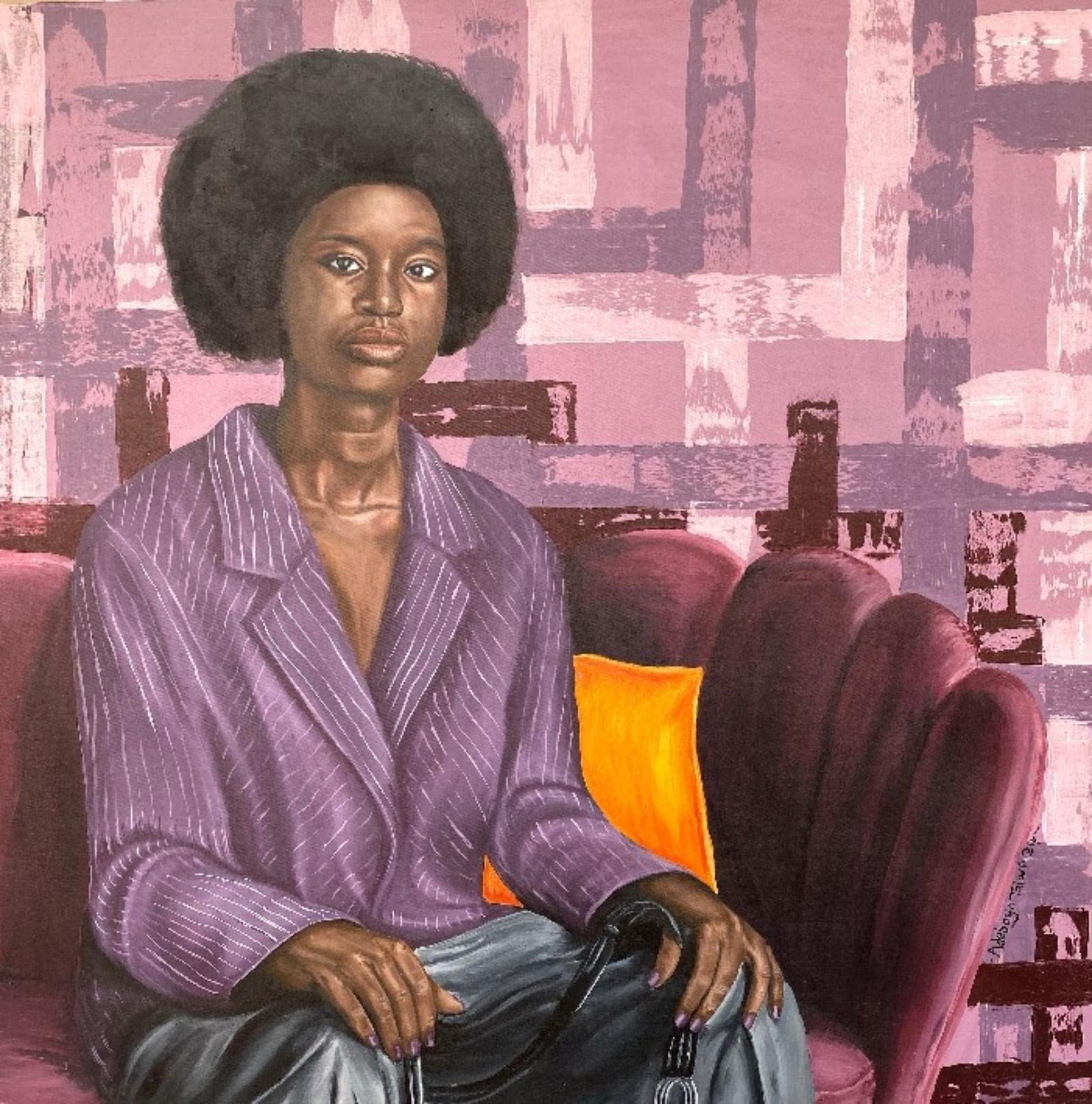 Adebayo Taiwo, Yesterday's Echo -21st Century, Contemporary, Figurative Portrait, Women, Love, 2023: Creator: Adebayo Taiwo (2003, Nigerian) Creation Year: 2023 Dimensions: Height: 36 in (91.44 cm)Width: 36 in (91.44 cm)Depth: 1 in (2.54 cm) Medium: Canvas,Acrylic Movement & Style: Contemporary