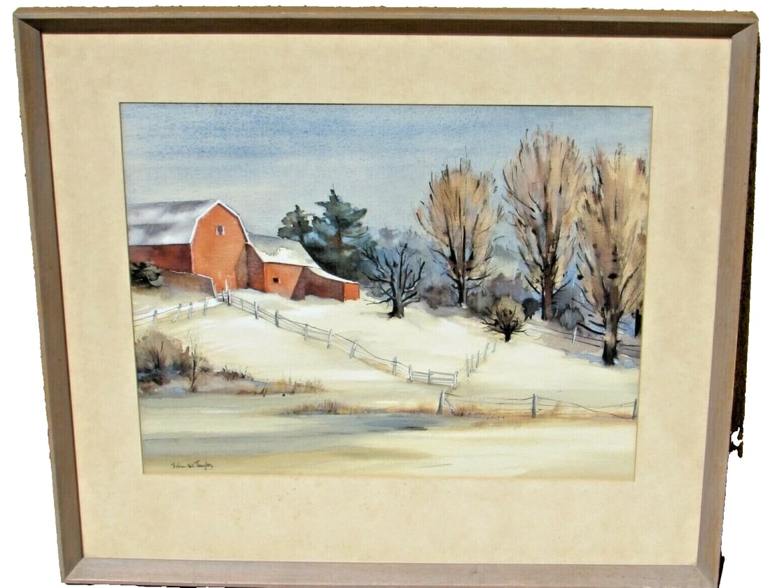 JOHN W. TAYLOR (American 1897-1983) The Red Barn Watercolor circa 1930's: Title:JOHN W. TAYLOR (American 1897-1983) The Red Barn Watercolor circa 1930'sDescription:JOHN W. TAYLOR (American 1897-1983). The Red Barn, Circa late 1930's, 14-1/2" x 18-1/2" sight size watercolor