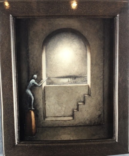 Lino Mannocci(Italian, Viareggio 1945-) Interior with conductor. 1987: Title:Lino Mannocci(Italian, Viareggio 1945-) Interior with conductor. 1987 Description:Original oil painting on board. Dimensions:Board: 11 15/16" x 9 7/16"; Framed: