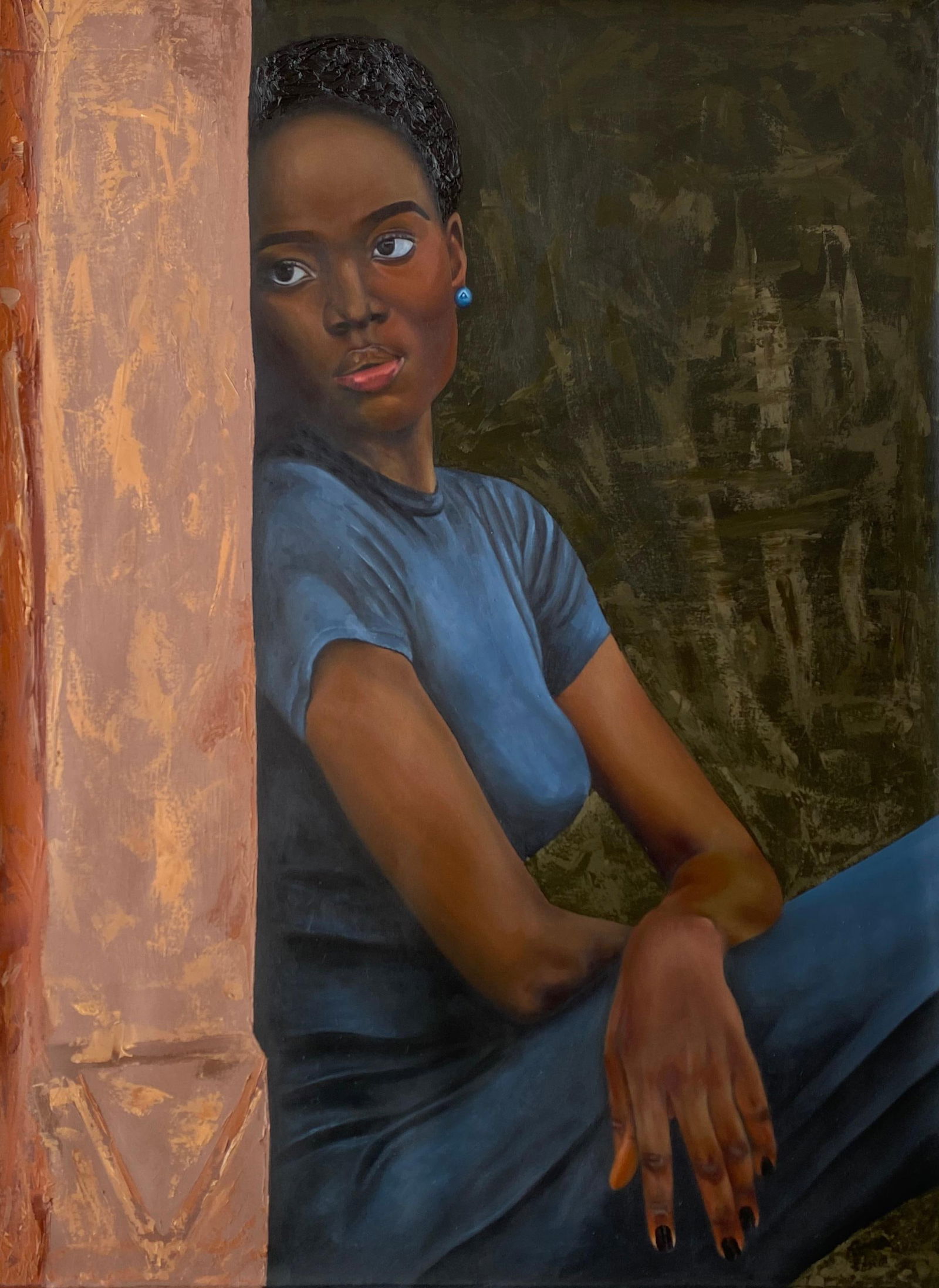 Olajire Olalekan, Love Never End - 21st Century, Contemporary, Realist Portrait, Black Woman, 2024: Creator: Olajire Olalekan (1996, Nigerian) Creation Year: 2024 Dimensions: Height: 48 in (121.92 cm)Width: 36 in (91.44 cm)Depth: 1 in (2.54 cm) Medium: Canvas,Oil,Acrylic Movement & Style: 