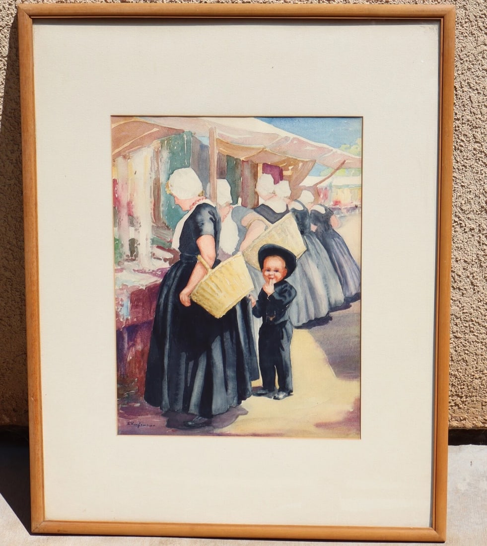 E. Evelyn Ringemann Mid Century watercolor Mother & Child in a Dutch Marketplace: Title:E. Evelyn Ringemann Mid Century watercolor Mother & Child in a Dutch MarketplaceDescription:E. Evelyn Ringemann. California Watercolorist. Mid Century painting of a Mother and Child in a Dutch