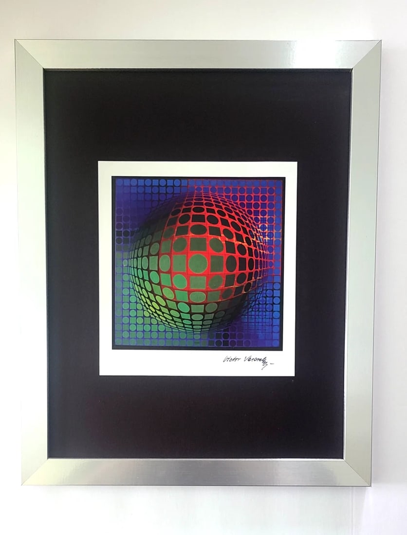 VICTOR VASARELY + SIGNED GEOMETRIC ABSTRACT PRINT FROM 1970 + NEW FRAME 14x11in. (1 of 3)
