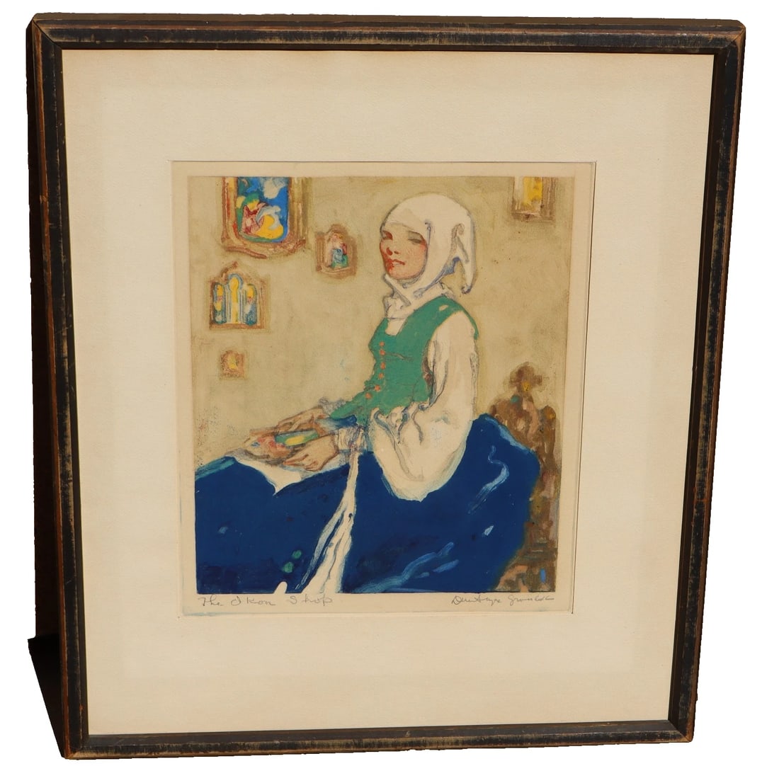 Dan Sayre Groesbeck Mixed Media Painting Woman in a Shop with Icons: Title:Dan Sayre Groesbeck Mixed Media Painting Woman in a Shop with IconsDescription:DAN SAYRE GROESBECK (1878-1950). Original Mixed Media painting on paper. (Appears to be mostly watercolor and/or