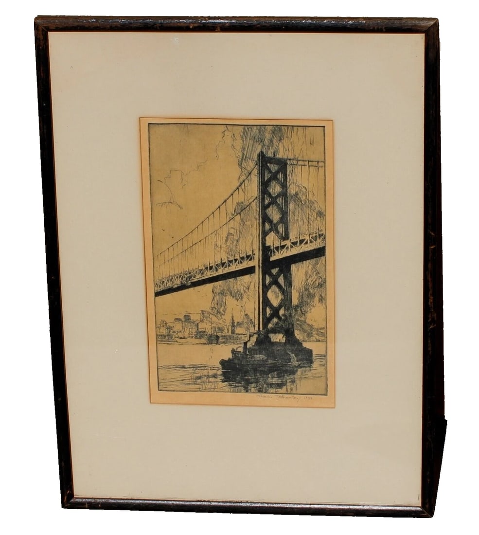 FRANCIS TODHUNTER San Francisco BAY BRIDGE 1933 Hand Signed Etching: Title:FRANCIS TODHUNTER San Francisco BAY BRIDGE 1933 Hand Signed EtchingDescription:Francis Augustus Todhunter (1884-1963). Bay Bridge, 1933, 10-3/4" x 6-1/2" image sight size (framed size: 20" x