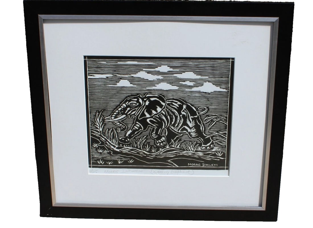 MORRIS DIKWENI South African Black and White S/N Linocut Running Elephant 9/25: Title:MORRIS DIKWENI South African Black and White S/N Linocut Running Elephant 9/25Description:Morris Dikweni (b. 1957). South African Artist. S/N Black and White Linocut. Running Elephant. 9" x