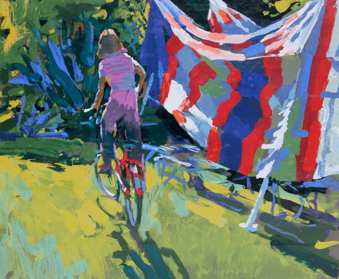 NICOLA SIMBARI Girl Riding a Bicycle AP Serigraph Edition of 50: Title:NICOLA SIMBARI Girl Riding a Bicycle AP Serigraph Edition of 50 Description:Nicola Simbari (1927-2012-Italian). Girl Riding a Bicycle, Artist's Proof Serigraph Edition of 50, 27-1/2" x 32-1/2" i