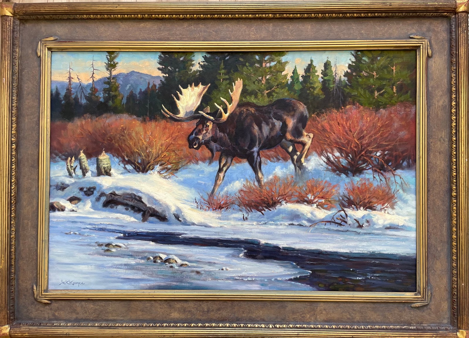 Ice Breaker (Bull Moose): Artist: Jack KoonceTitle:Ice Breaker (Bull Moose)Description:Jack Koonce is a renowned artist, particularly recognized for his depictions of North American wildlife. Paintings of bull moose are a