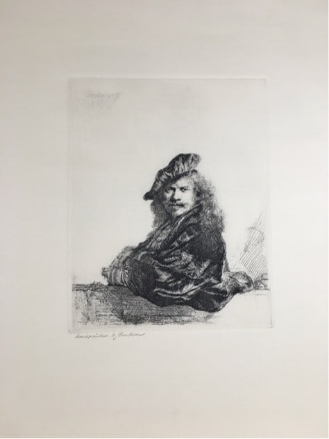 Rembrandt Van Rijn, After (Dutch 1606-1669) Self-portrait Leaning on a Stone-sill, 1639: Title:Rembrandt Van Rijn, After (Dutch 1606-1669) Self-portrait Leaning on a Stone-sill, 1639Description:Facsimile gravure printed at (signed by the printer) and published by the Rembrandt Huis