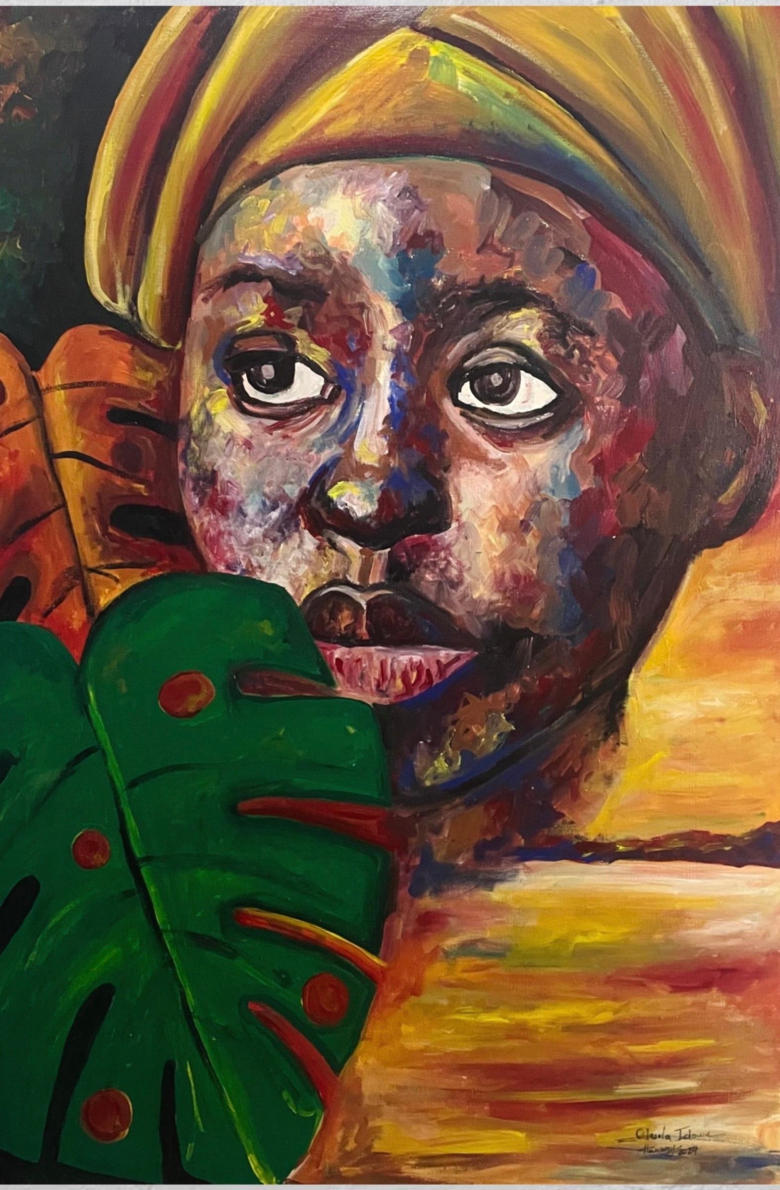 Odesola Idowu, Reflection 1 - 21st Century, Contemporary, Figurative Portrait, Women, Plant, 2024: Creator: Odesola Idowu (2000, Nigerian) Creation Year: 2024 Dimensions: Height: 36 in (91.44 cm)Width: 24 in (60.96 cm)Depth: 1 in (2.54 cm) Medium: Canvas,Acrylic Movement & Style: Contemporary